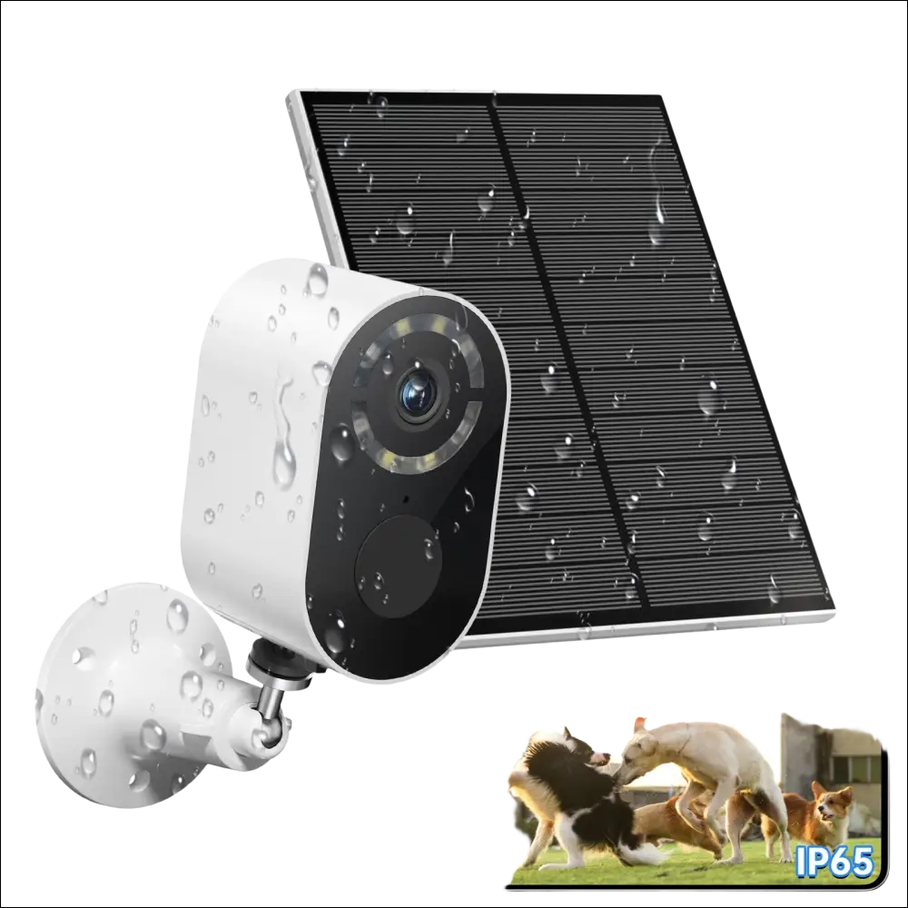 White outdoor solar powered wireless security camera with sleek cylindrical body and black lens housing for luxury monitoring