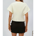 Cream-colored cropped solid color basic shirt with short wide sleeves and relaxed fit for versatile use