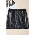 Black solid color high waist faux leather mini skirt with sleek glossy finish and vertical seam detailing