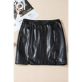 Black solid color high waist faux leather mini skirt with sleek glossy finish and front slit for stylish wear