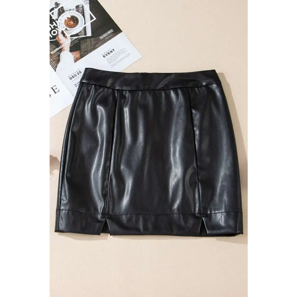 Black solid color high waist faux leather mini skirt with sleek glossy finish and front slit for stylish wear