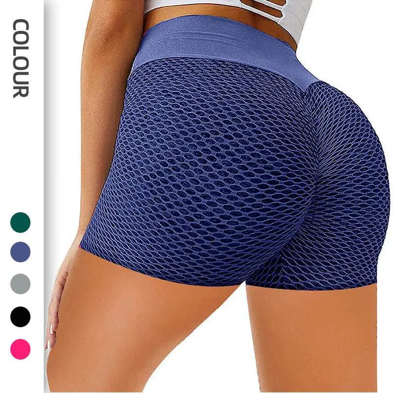 Blue mesh high-waisted solid color honeycomb design yoga shorts with supportive form-fitting design for workouts