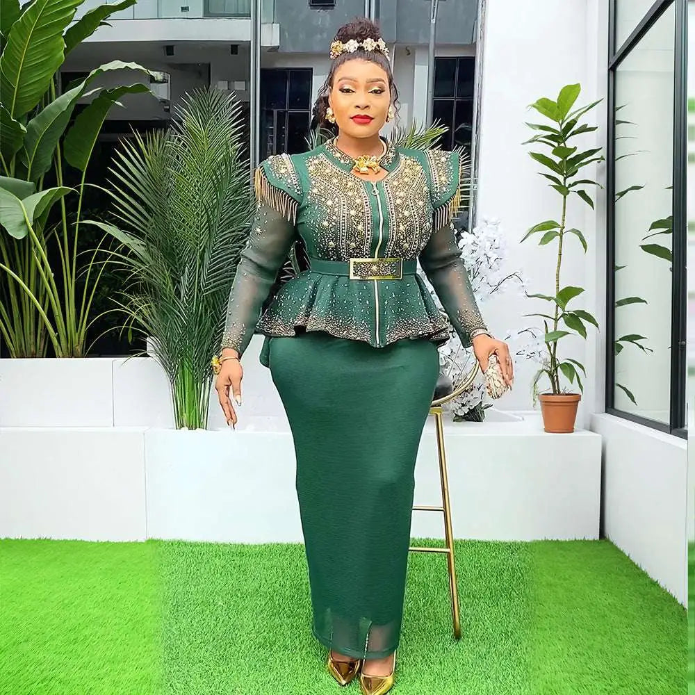 Emerald green hot drilling plus size two piece set with gold embellishments and sheer long sleeves peplum top and skirt