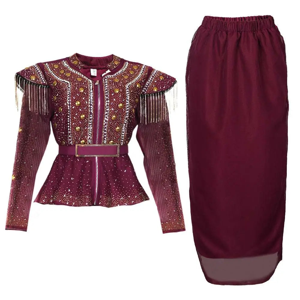 A maroon sequined and beaded hot drilling plus size two piece set with gold buttons and silver fringe on shoulders