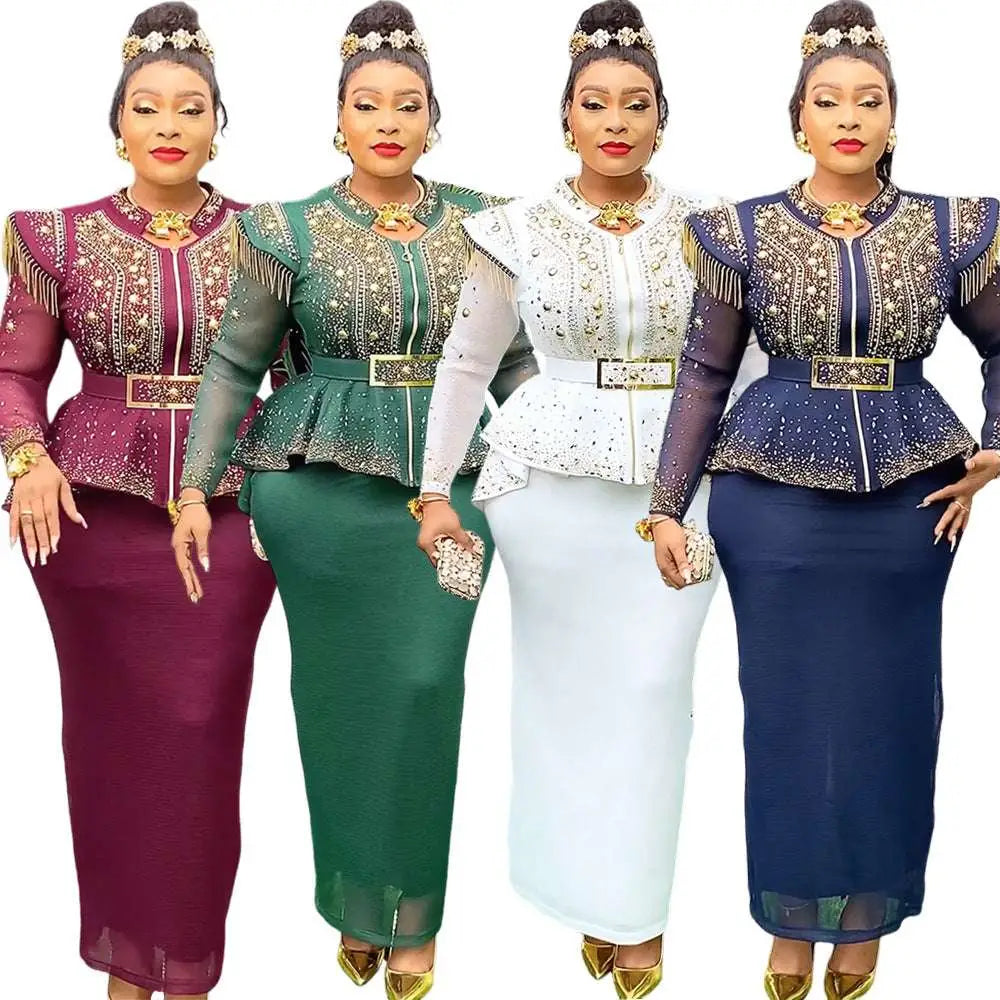 Four elegant women wearing hot drilling plus size two piece sets in burgundy green white and navy with gold embroidery
