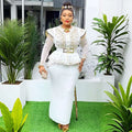 White beaded peplum top with gold fringe and matching belt in hot drilling plus size two piece set