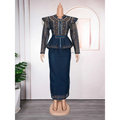 Navy blue beaded peplum top with gold hot drilling and sheer sleeves paired with a matching solid drilling plus size skirt