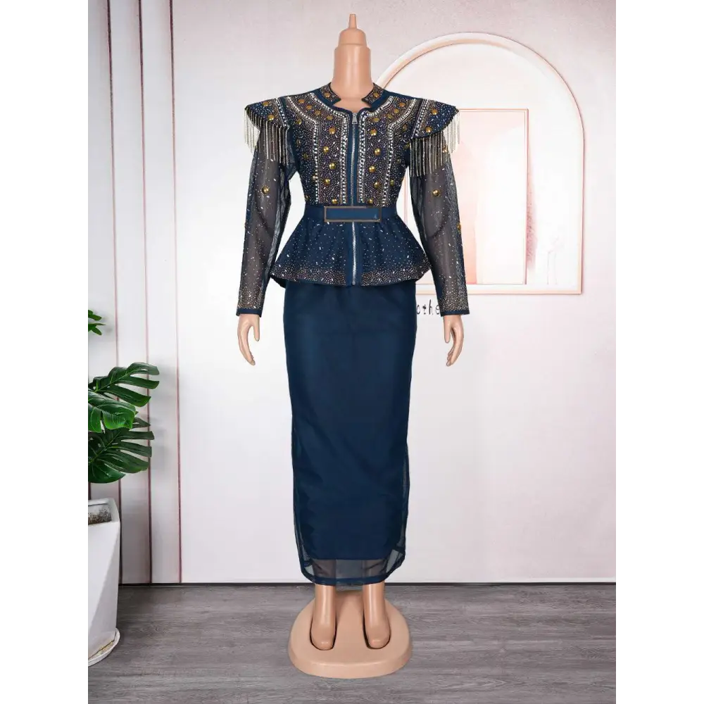 Navy blue beaded peplum top with gold hot drilling and sheer sleeves paired with a matching solid drilling plus size skirt