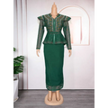 Emerald green hot drilling plus size two piece set with beaded peplum top sheer sleeves and matching solid skirt