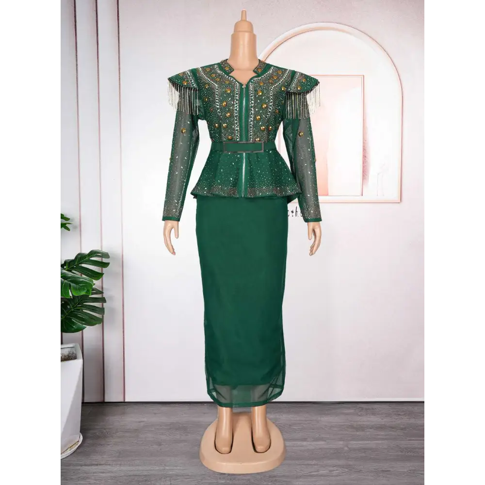 Emerald green hot drilling plus size two piece set with beaded peplum top sheer sleeves and matching solid skirt