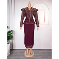A maroon hot drilling plus size two piece set with a beaded fringed sheer long sleeve top and high waisted skirt