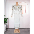 White solid color hot drilling plus size two piece set with embellished blouse gold buttons and fringe detailing