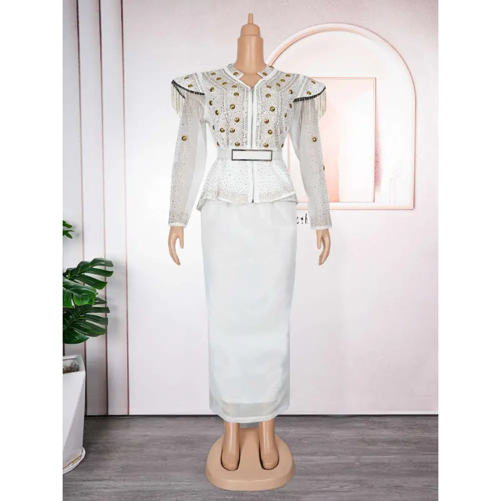 White solid color hot drilling plus size two piece set with embellished blouse gold buttons and fringe detailing