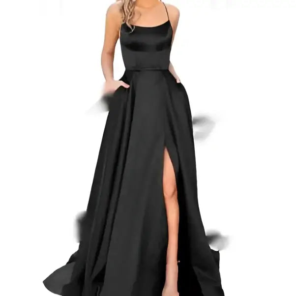 Black satin evening gown with thin straps and elegant high slit in slim purple satin design for formal occasions
