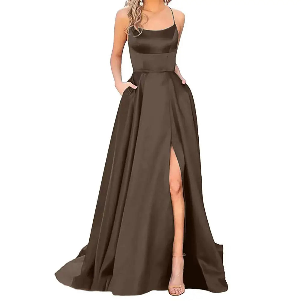 Elegant purple satin evening gown with a square neckline, thin straps, and a high slit for a slimming effect