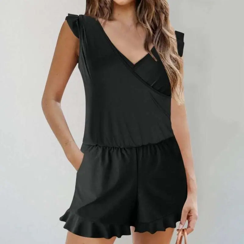Black sleeveless bikini ruffled romper swimwear with v-neckline, ruffled shoulder straps, and flared hem
