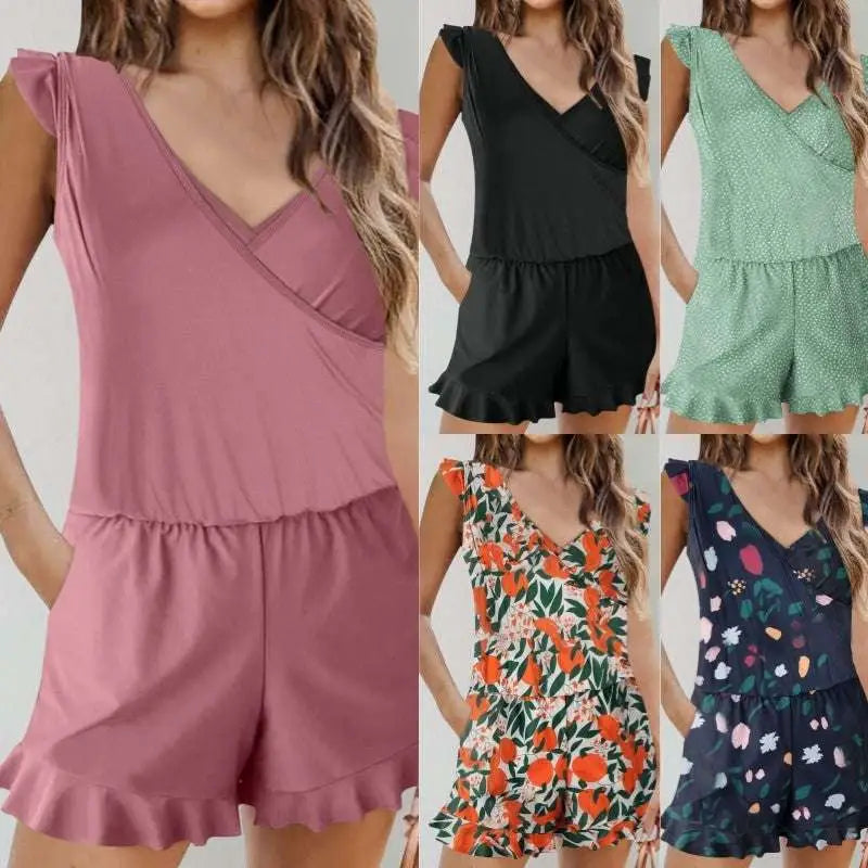 A soft pink sleeveless bikini ruffled romper swimwear with v-neckline and ruffled hem for color printing bikini use