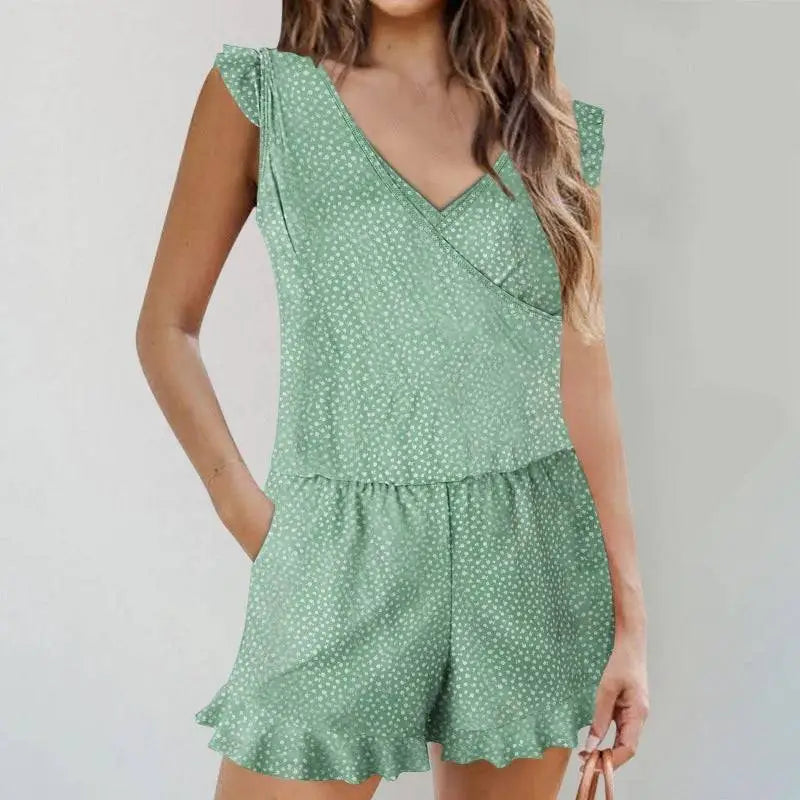 Light green color printing bikini ruffled romper swimwear with v-neckline and white polka dot pattern