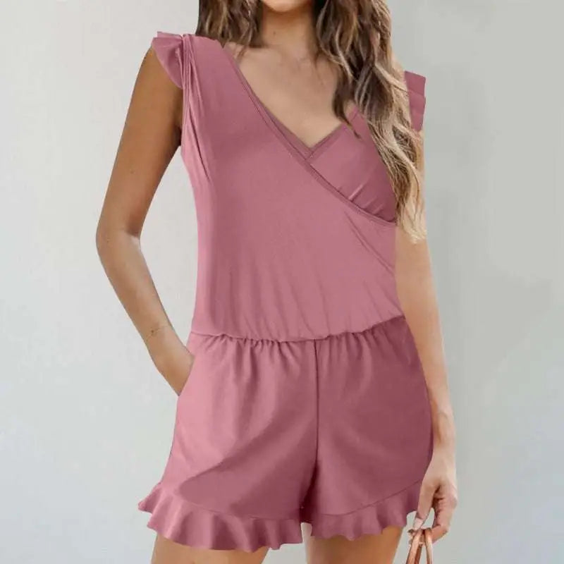 A soft mauve color printing bikini ruffled romper swimwear with shoulder ruffles and a flared hem design