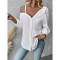 White asymmetric blouse with sheer textured fabric and long sleeves featuring an off-shoulder design