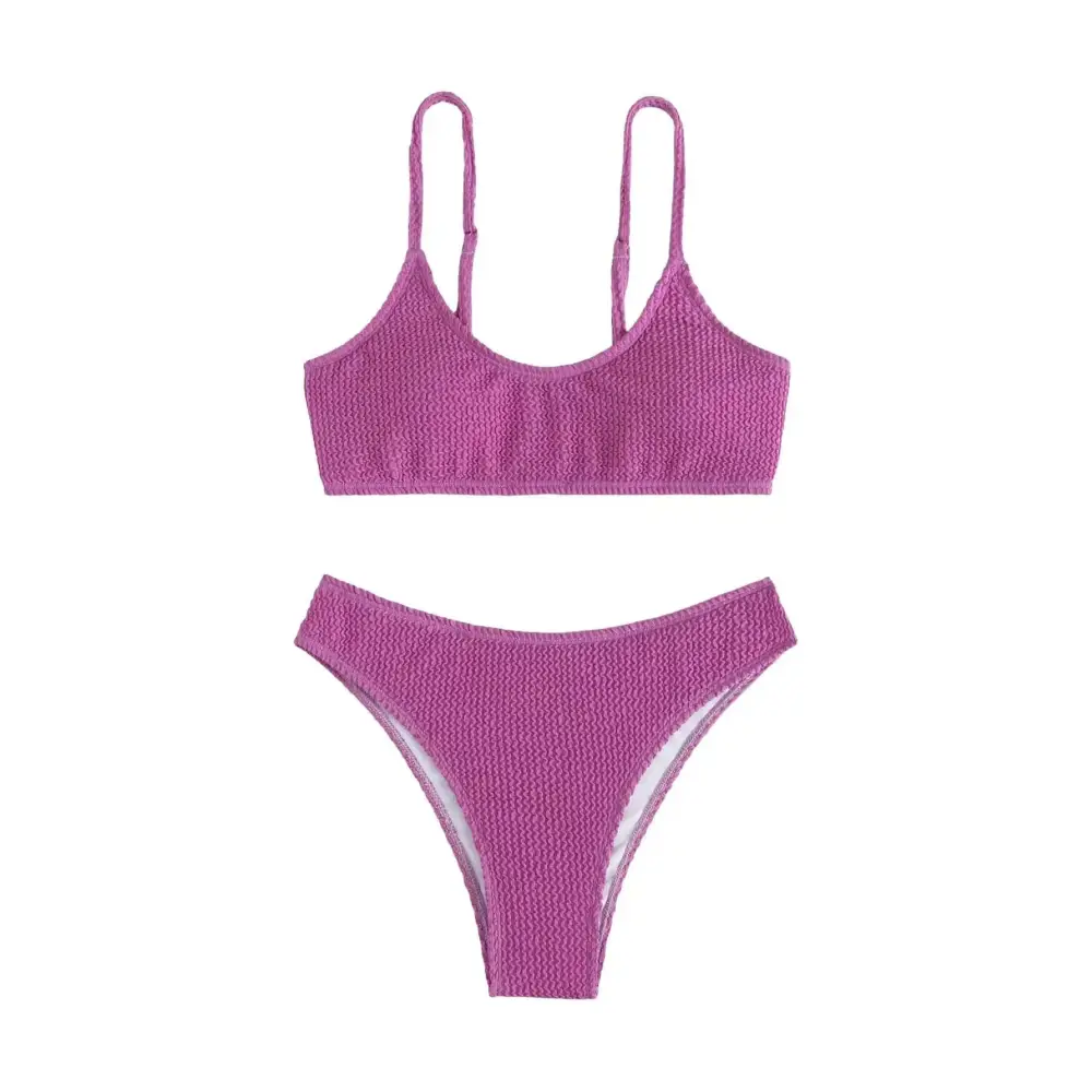 Soly Hux bikini textured purple two piece swimsuit with thin straps white lining and moderate bottoms length