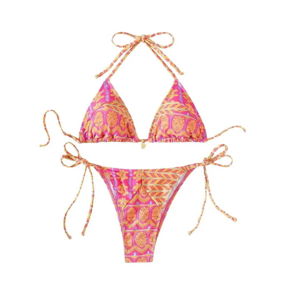 Vibrant pink and gold patterned soly hux womens halter top hux womens bikini with tie-side bottoms high waisted swimsuit