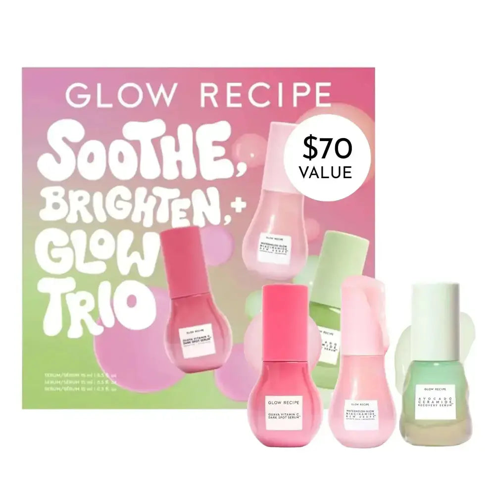 glow recipe soothe brighten and glow trio featuring three skincare bottles in pink and mint green with frosted glass caps showcased in royalessencelux titanium steel jewelry and collection highlights page