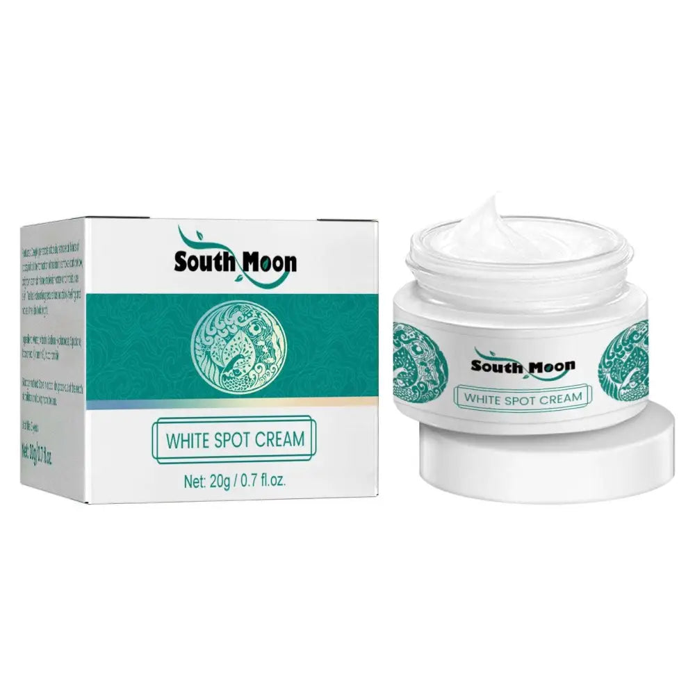 South moon brightening spot whitening cream in a clear glass jar with teal patterns for black spot correction use