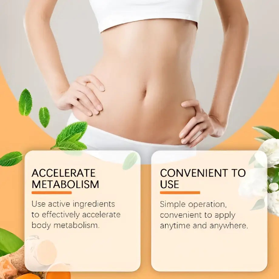 A woman shows a toned midriff wearing white crop top and shorts with south moon herbal beauty shaping body patch containing turmeric curcumin