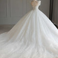A sparkling beaded white wedding dress with off-the-shoulder sleeves and a voluminous white trailing skirt