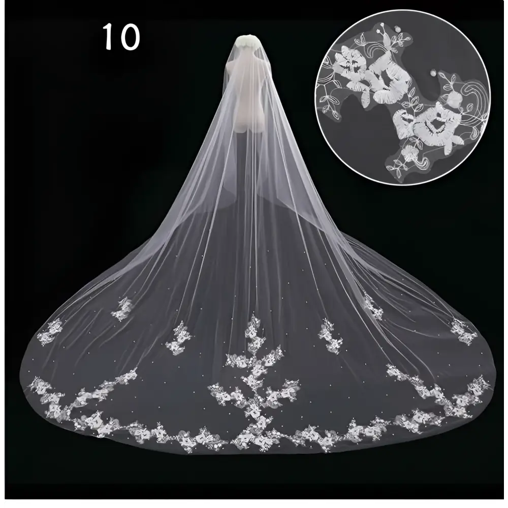 A delicate white lace wedding dress veil with intricate floral embroidery and subtle beading for bridal wedding dress