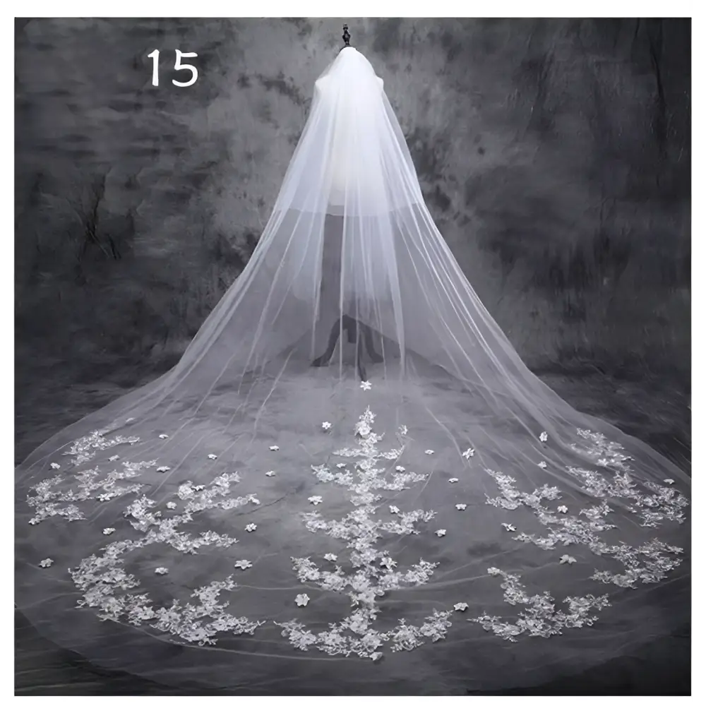 A delicate white lace wedding dress veil with intricate floral embroidery for a sparkling wide style bridal wedding dress