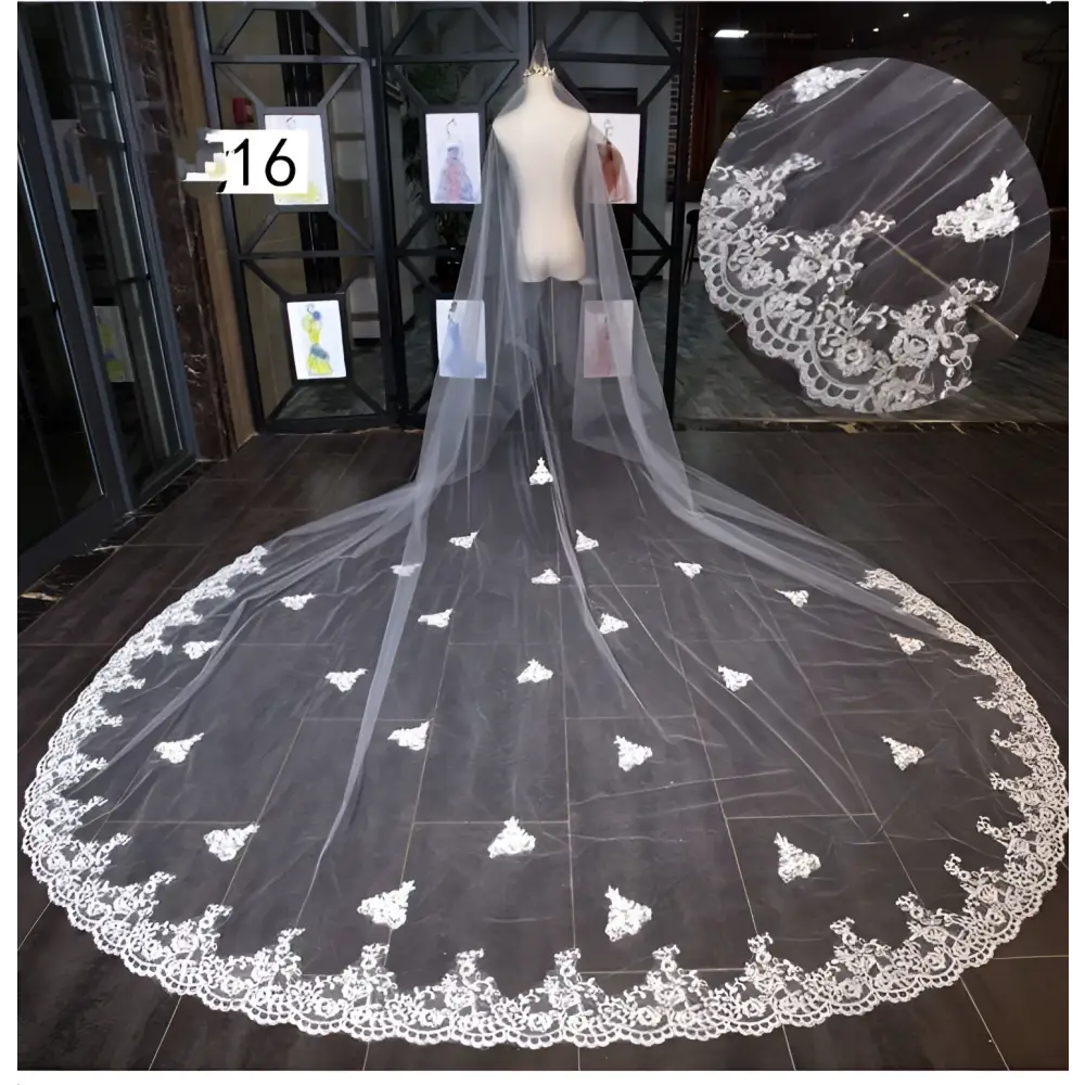 Sparkling wide style bridal wedding dress veil in white lace with intricate floral embroidery and scalloped edge