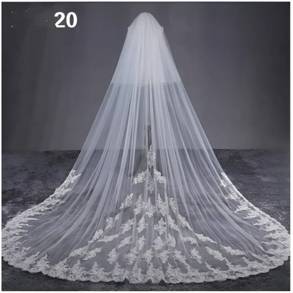 A delicate white lace bridal wedding dress veil with intricate floral embroidery and a sheer flowing design
