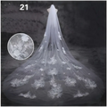 A delicate white lace bridal wedding dress veil with intricate floral embroidery and a flowing sheer design