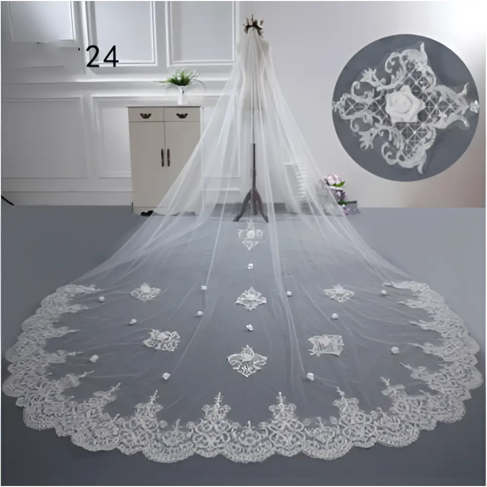 A delicate white lace wedding dress veil with intricate floral embroidery and beaded accents for bridal wedding dress