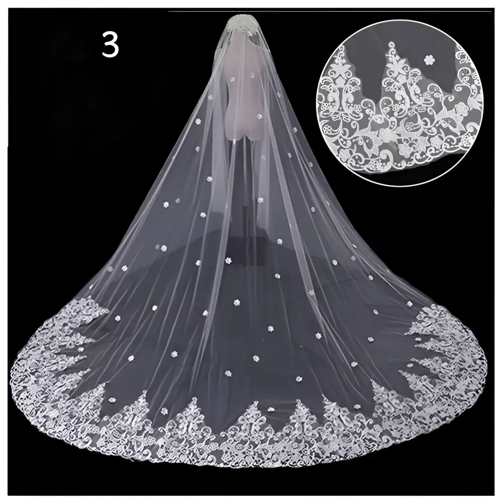 A delicate white lace wedding dress veil with intricate floral embroidery and pearl embellishments for bridal use