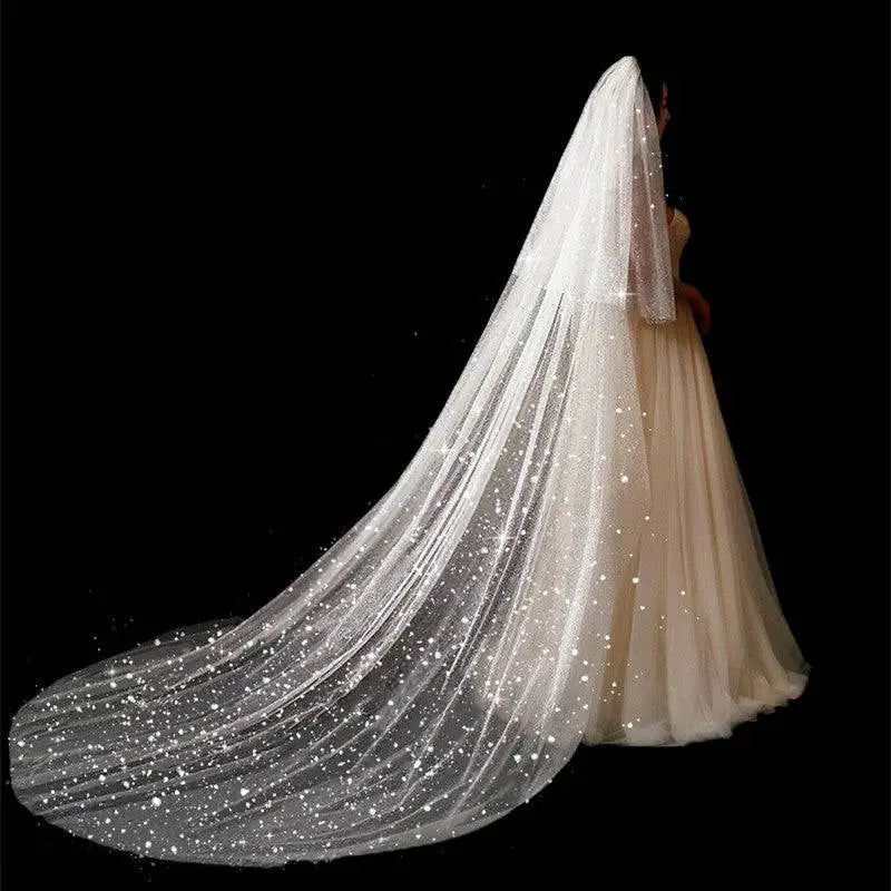 A flowing white sparkling wide style bridal wedding dress veil with intricate floral glitter cascading from the bride’s head