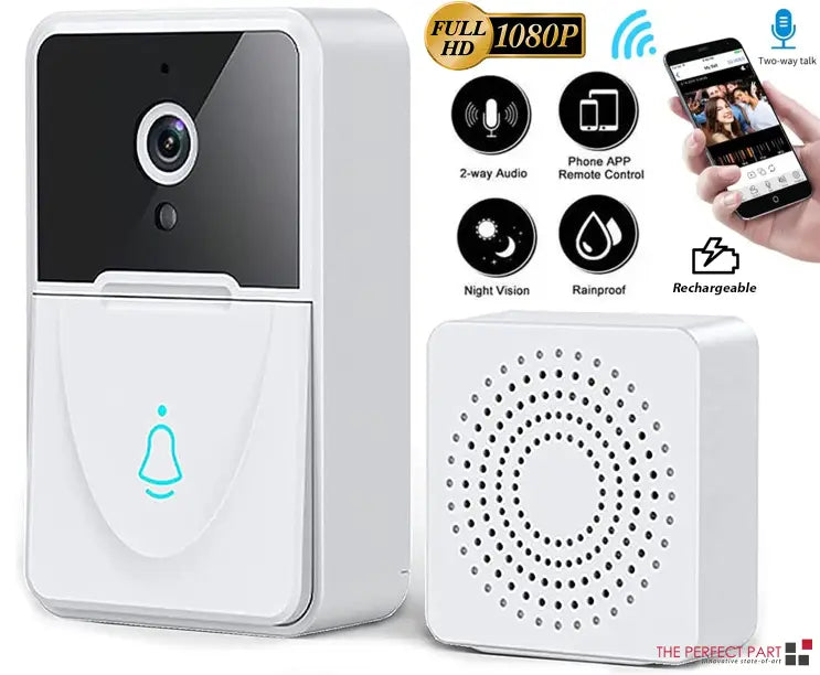 white smart wireless video doorbell with black lens and glowing blue bell icon paired with matching white 9e9e9e chime speaker featuring circular perforated grille and display -ms-flexbox design
