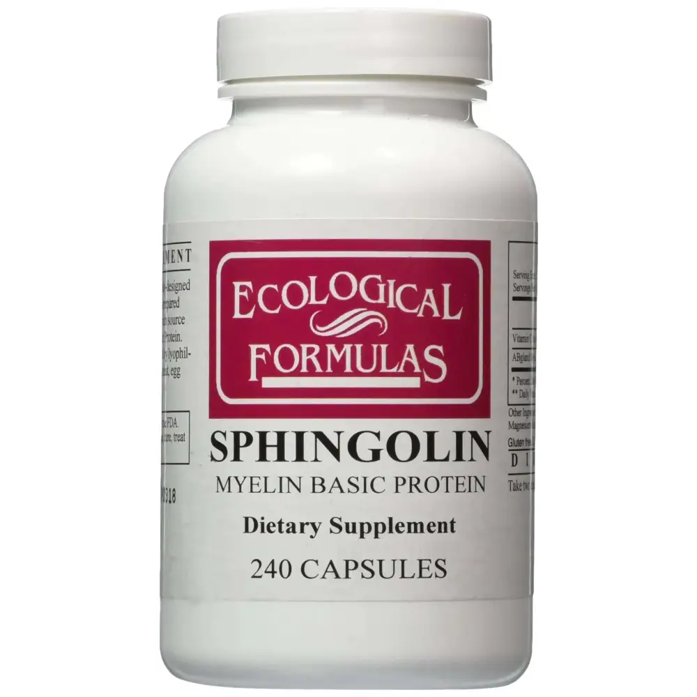 White plastic bottle with red and white label of ecological formulas sphingolin myelin basic protein 240 capsules sheath extract supplement