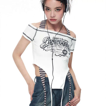White off-the-shoulder cropped top with black graphic print and striped shoulder straps from spicy girls summer luxury women’s fashion