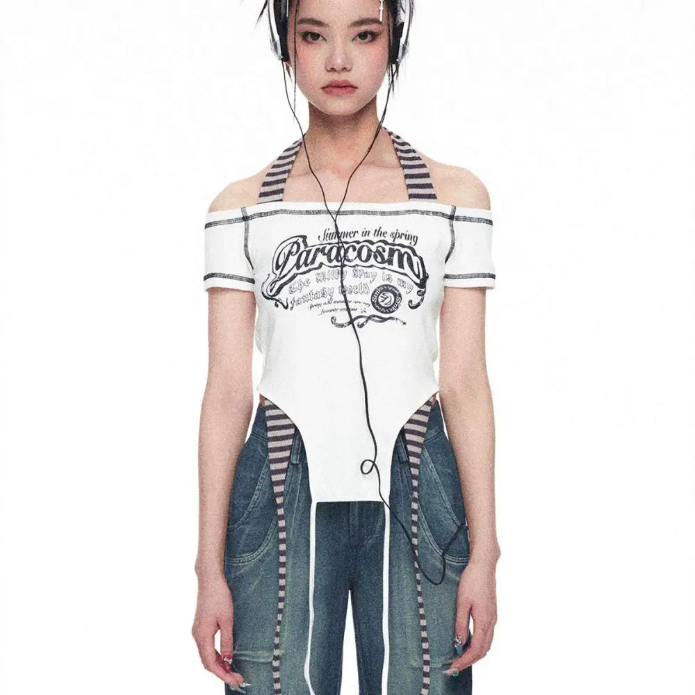 White off-the-shoulder cropped top with black graphic print and striped shoulder straps from spicy girls summer luxury women’s fashion