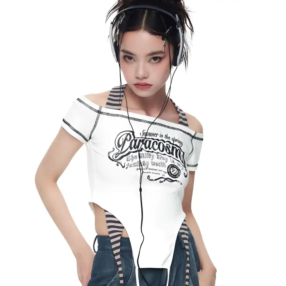 White off-the-shoulder crop top with black graphic print and striped straps in spicy girls summer luxury women’s fashion