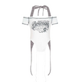 White off-the-shoulder one-piece swimsuit with black and white striped halter ties featuring a vintage paracosm print luxury women’s fashion spicy girls summer