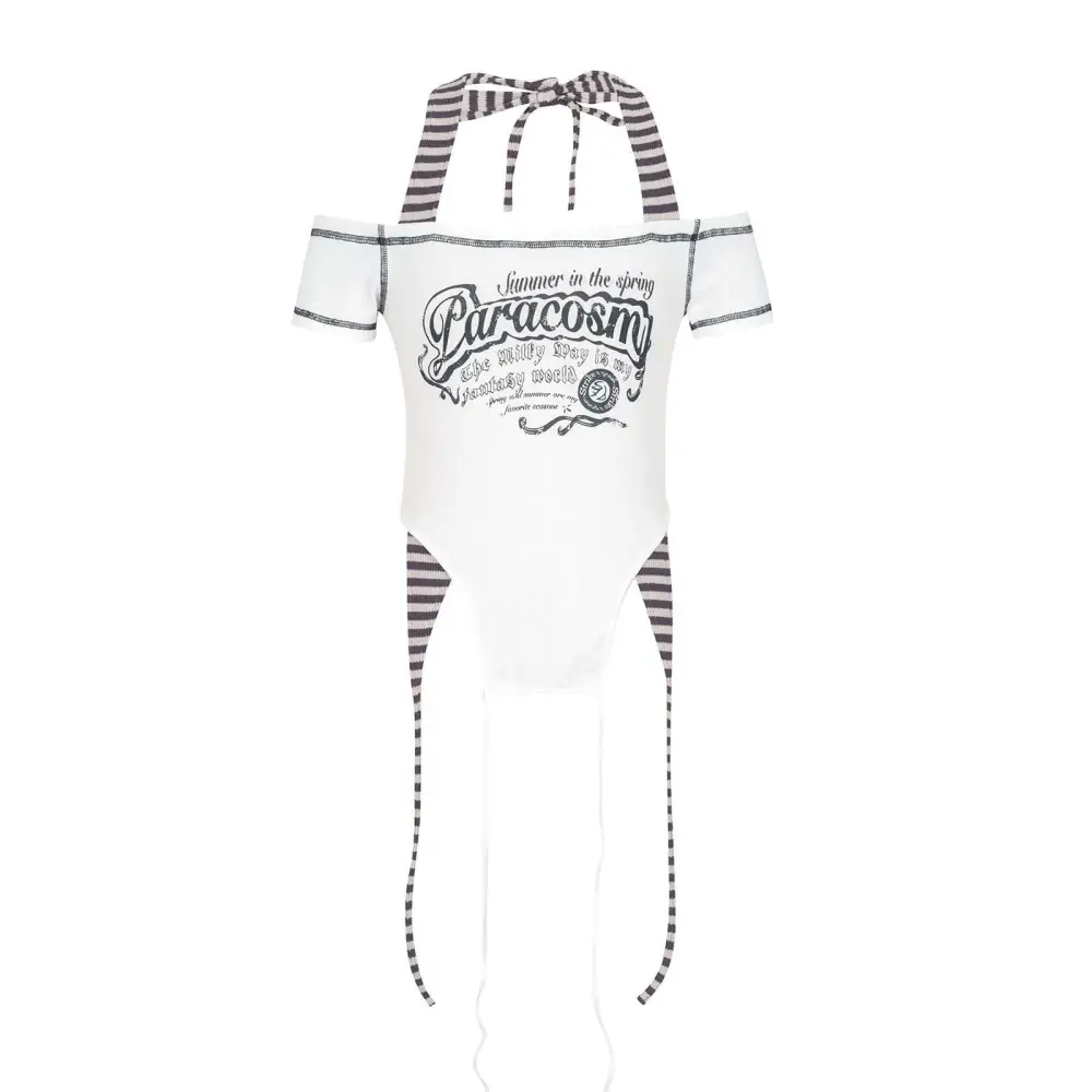 White off-the-shoulder one-piece swimsuit with black and white striped halter ties featuring a vintage paracosm print luxury women’s fashion spicy girls summer