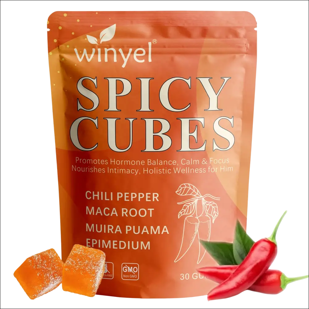 Winyel spicy intimacy gummies in an orange pouch with translucent cubes and chili peppers support hormonal balance
