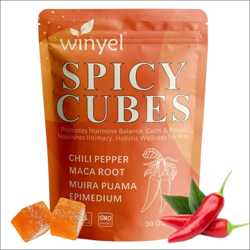 Winyel spicy intimacy gummies in an orange pouch with translucent cubes and chili peppers support hormonal balance