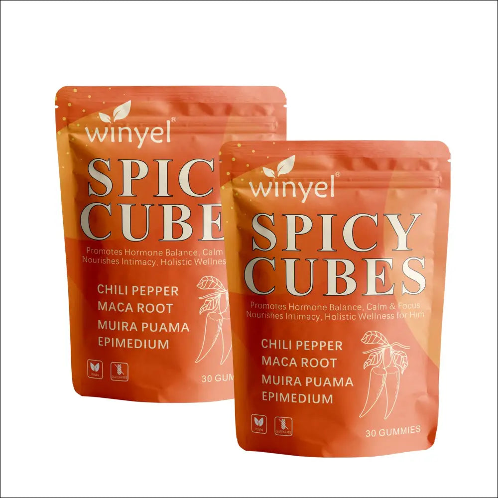 Orange pouches of winyel spicy cubes gummies designed for hormonal balance and improving energy levels and intimate health