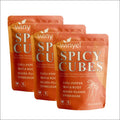 Orange pouches of winyel spicy cubes gummies with white text and chili pepper illustration for hormonal balance and intimate health
