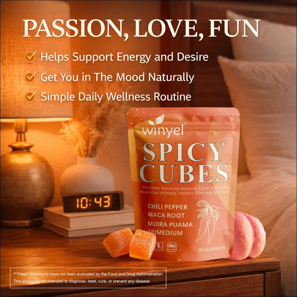 A pink and orange glossy pouch of winyel spicy cubes gummies for hormonal balance and intimate health